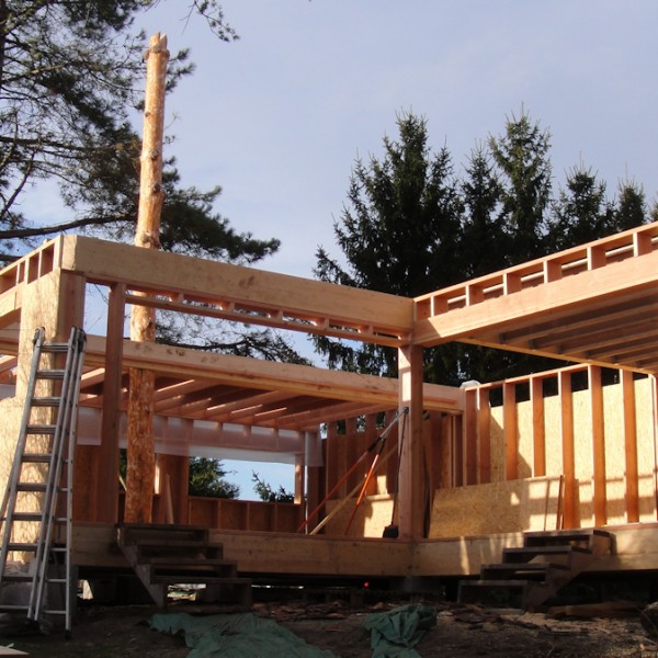 On voit ici le poteau central réalisé avec un arbre du site